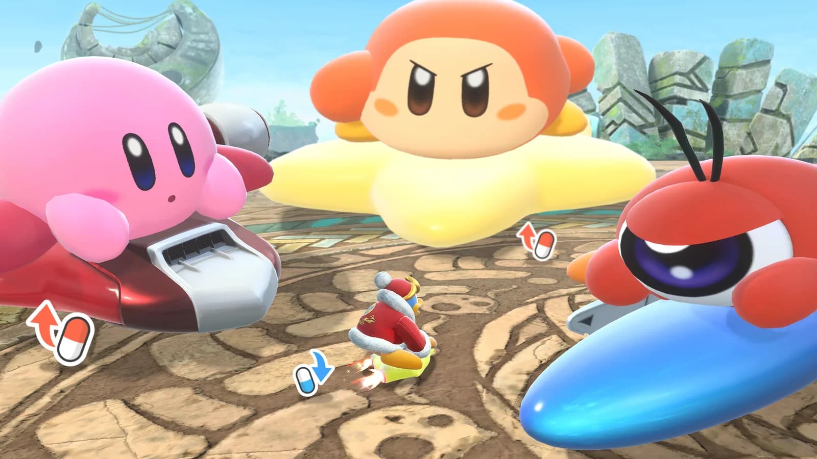 Kirby Air Riders artwork of Kirby, Waddle Dee, Waddle Doo and King Dedede riding their machines